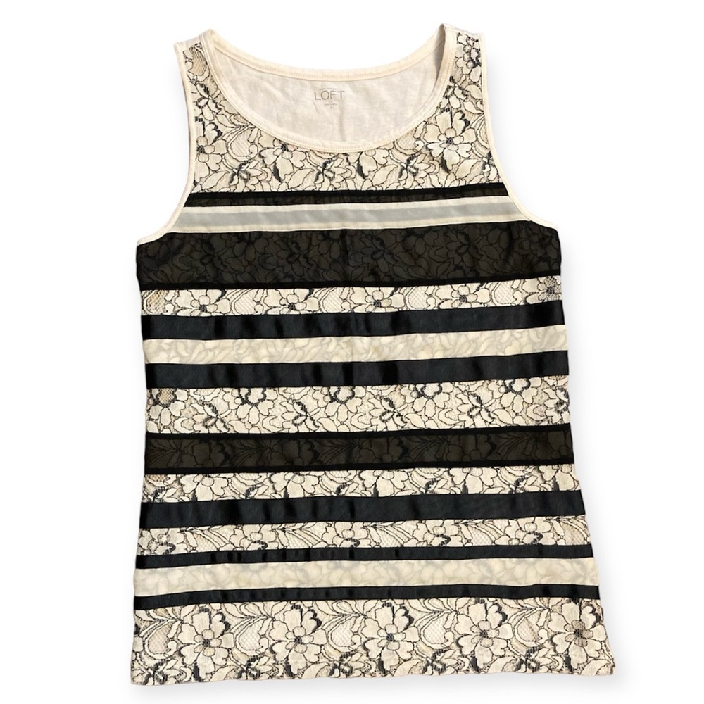 Ann Taylor LOFT Lace and Ribbon Tank T-Shirt Women’s Small Black Ivory